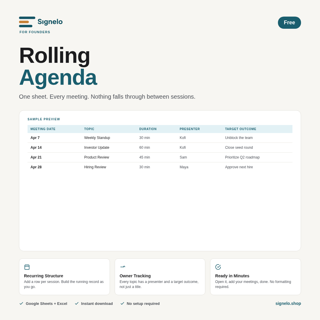 Rolling Agenda Template - Spreadsheet Based Meeting Tracker