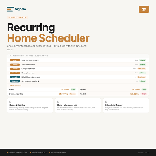 Recurring Home Scheduler | Chores, Maintenance + Subscription Tracker | Google Sheets