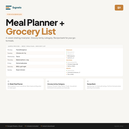 Meal Planner + Grocery List | 4-Week Rotating Plan + Recipe Bank | Google Sheets