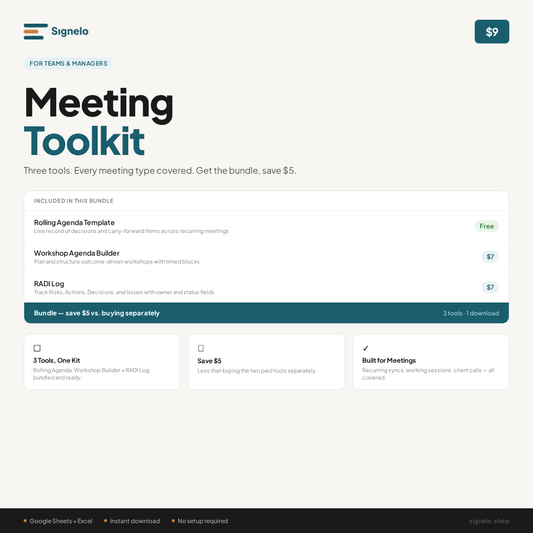 Meeting Toolkit | Rolling Agenda, Workshop Planner + RADI Log