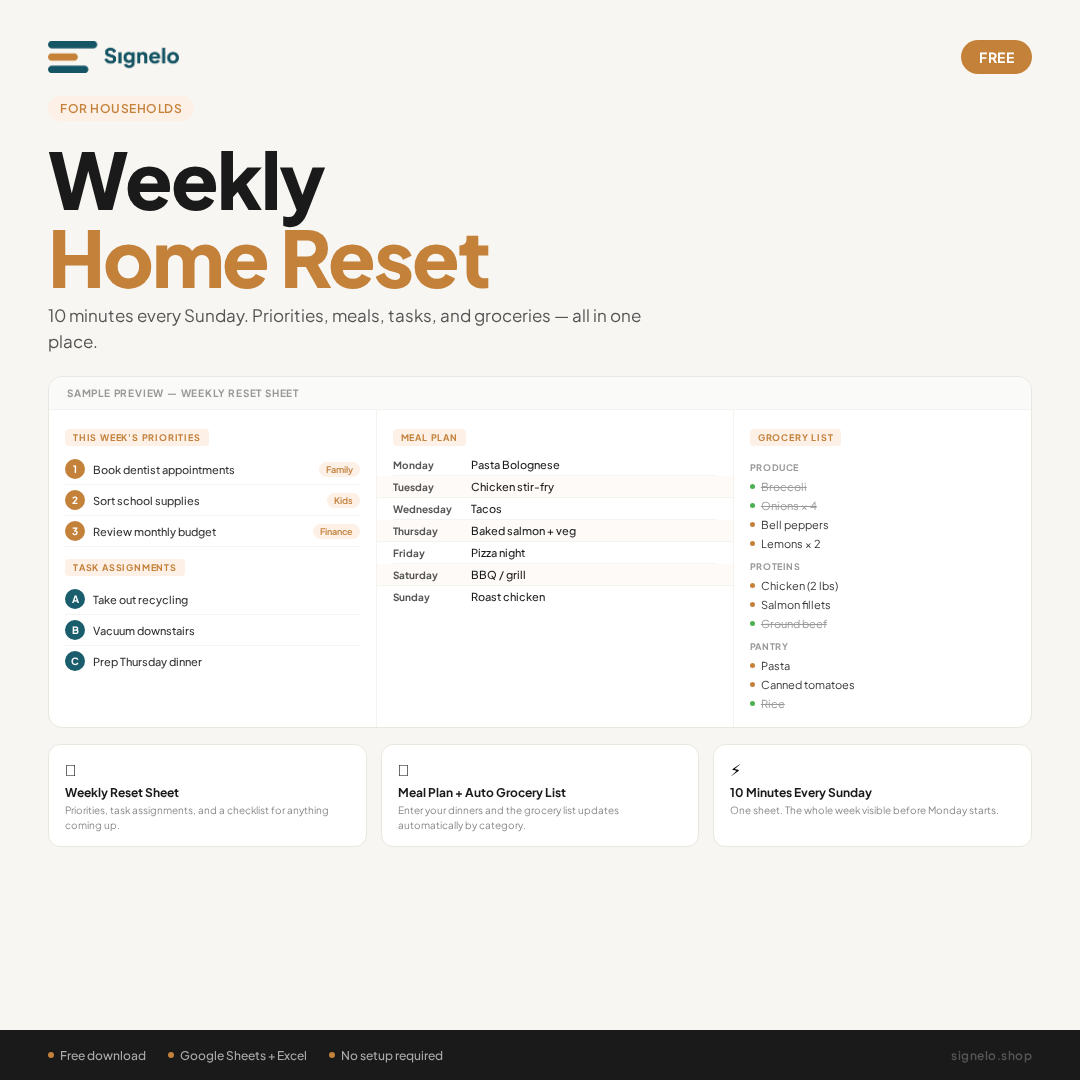 Weekly Home Reset | Free Household Planner | Google Sheets Template